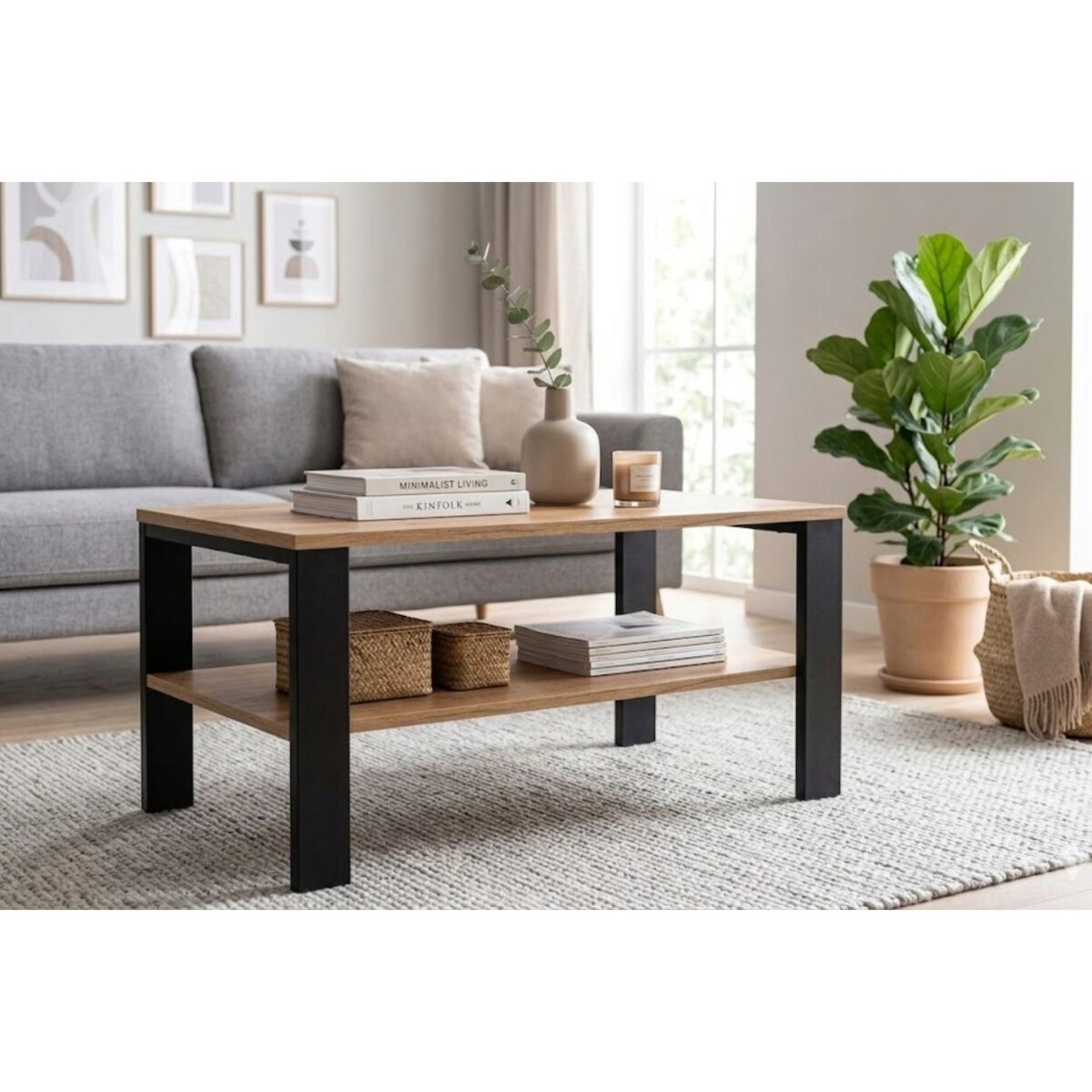 Stolik Kawowy Loft Dąb Evoke Czarny Stelaż 90X52Cm Ława Industrialna