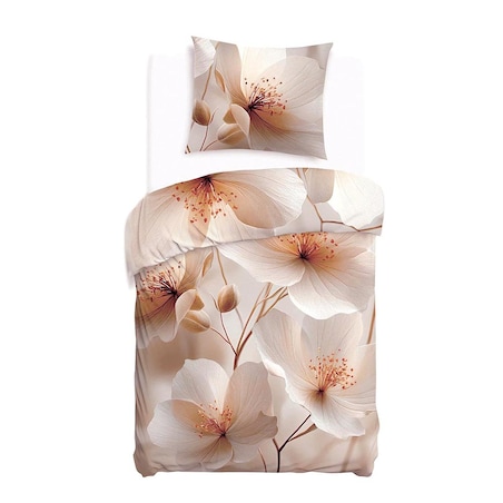 Pościel satyna bawełniana 140x200 Elize jasne beżowe kwiaty na kremowym tle, Satynlove Premium