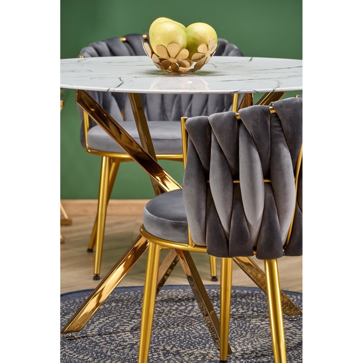 Stół okrągły Nordic złoty z szybą o wzorze marmuru 100x75