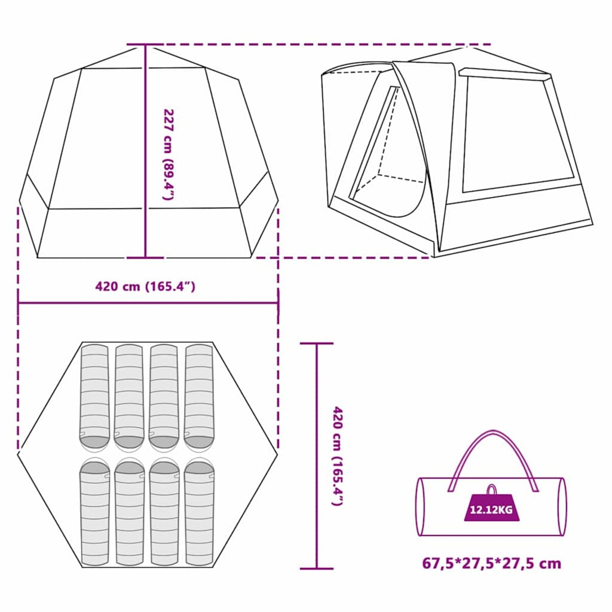 vidaXL Namiot campingowy Zielony 420 x 420 x 227 cm Poliester