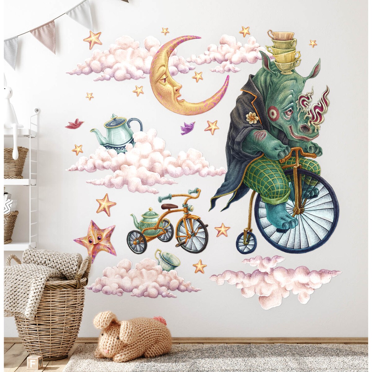 Zestaw naklejek na ścianę, Zwierzęta z bajki - nosorożec, 80cm