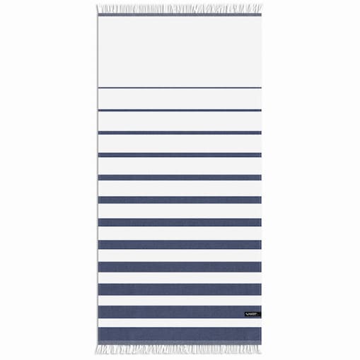Ręcznik plażowy bambusowy 70x150 cm wzór w pasy paski biało niebieskie morski szybkoschnący z frędzlami cienki