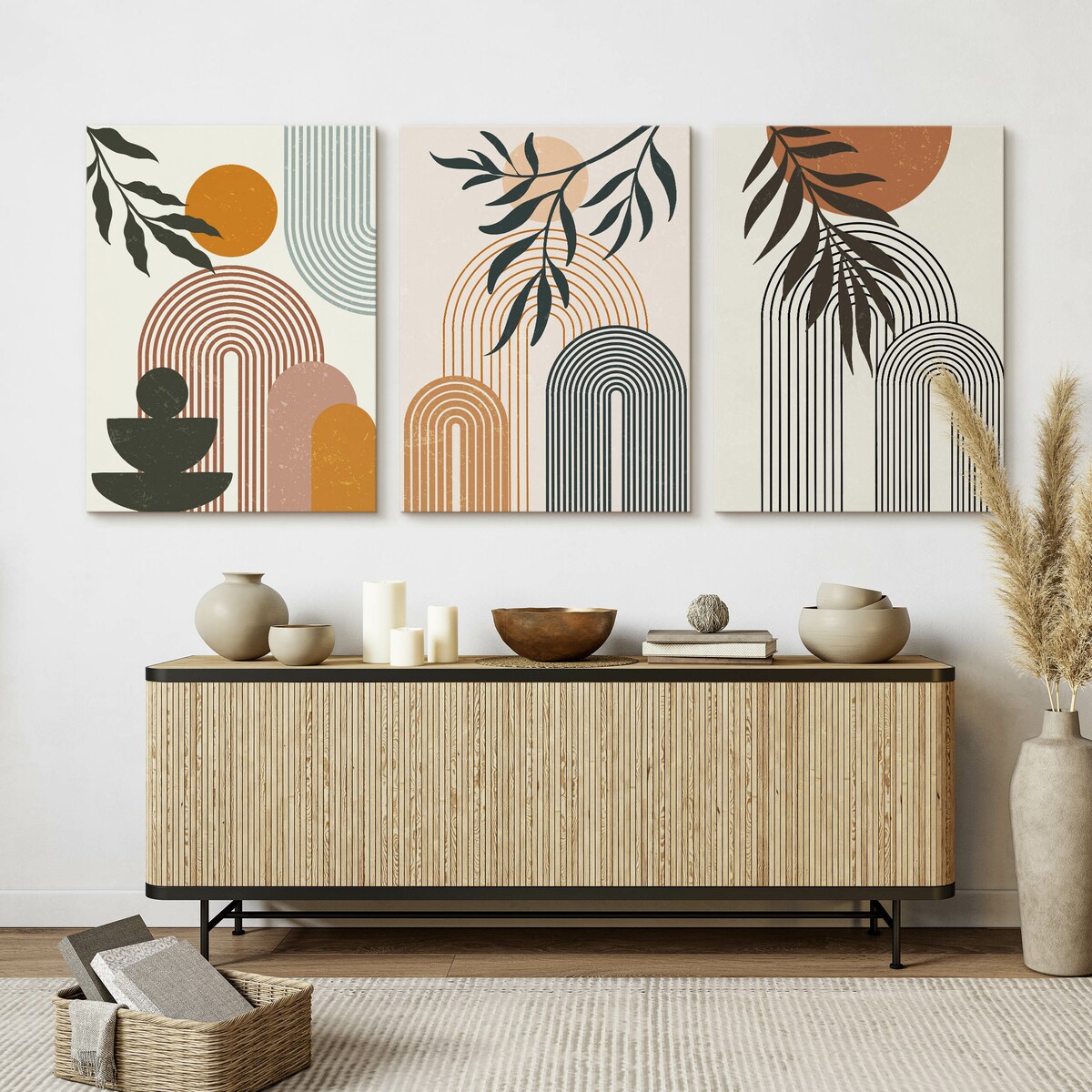 OBRAZY NA PŁÓTNIE SET STYL BOHO LIŚCIE AZTECKIE ORNAMENTY ABSTRAKCJA 90x40cm