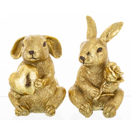 Dekoracja - Para siedzących złotych królików12x7,5x9 i 11x8x8 cm z różą i sercem