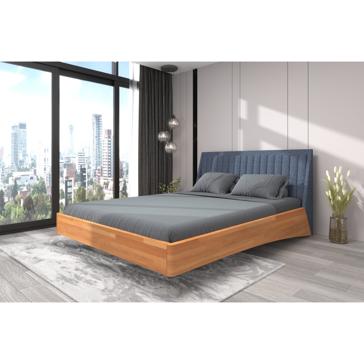 Łóżko lewitujące drewniane bukowe Visby ULF / 140x200 cm, kolor naturalny, zagłówek Solid 79