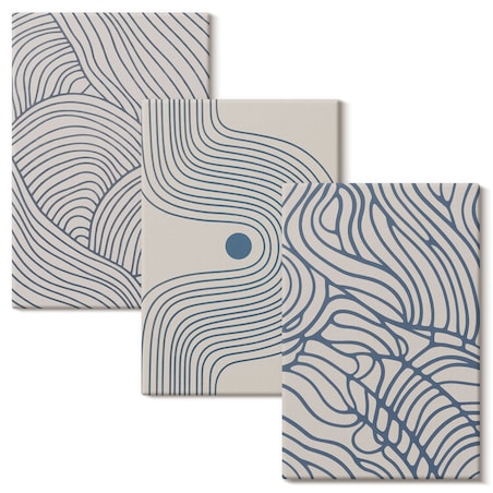 Zestaw 3 małych obrazów na płótnie - Abstrakcyjne linie fale kształty - niebieski