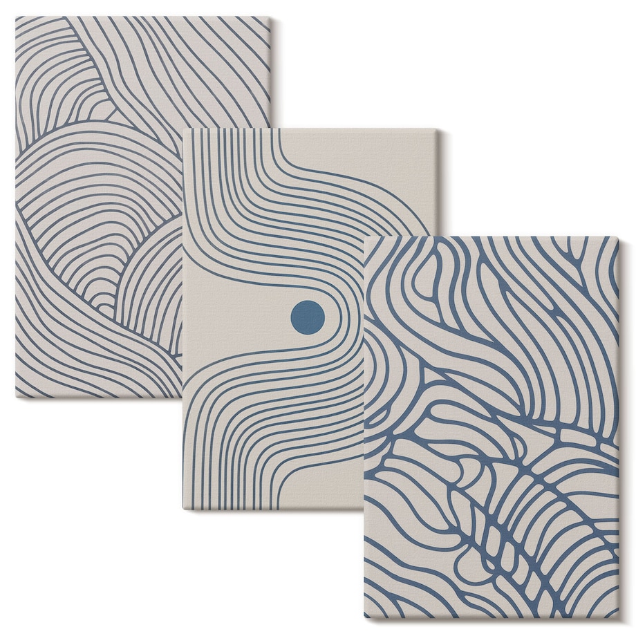 Zestaw 3 małych obrazów na płótnie - Abstrakcyjne linie fale kształty - niebieski