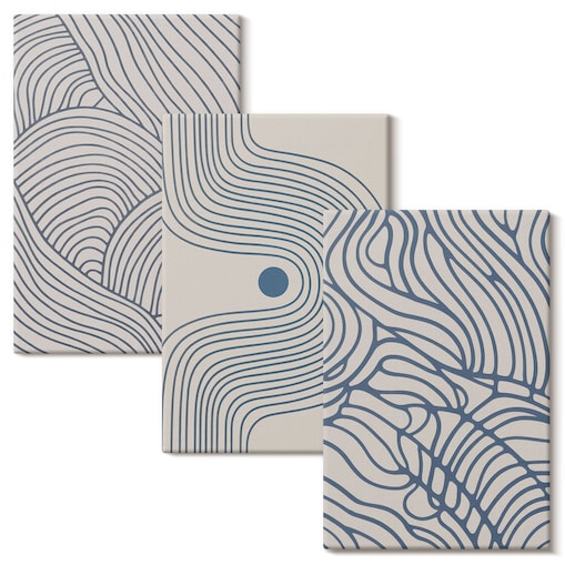 Zestaw 3 małych obrazów na płótnie - Abstrakcyjne linie fale kształty - niebieski