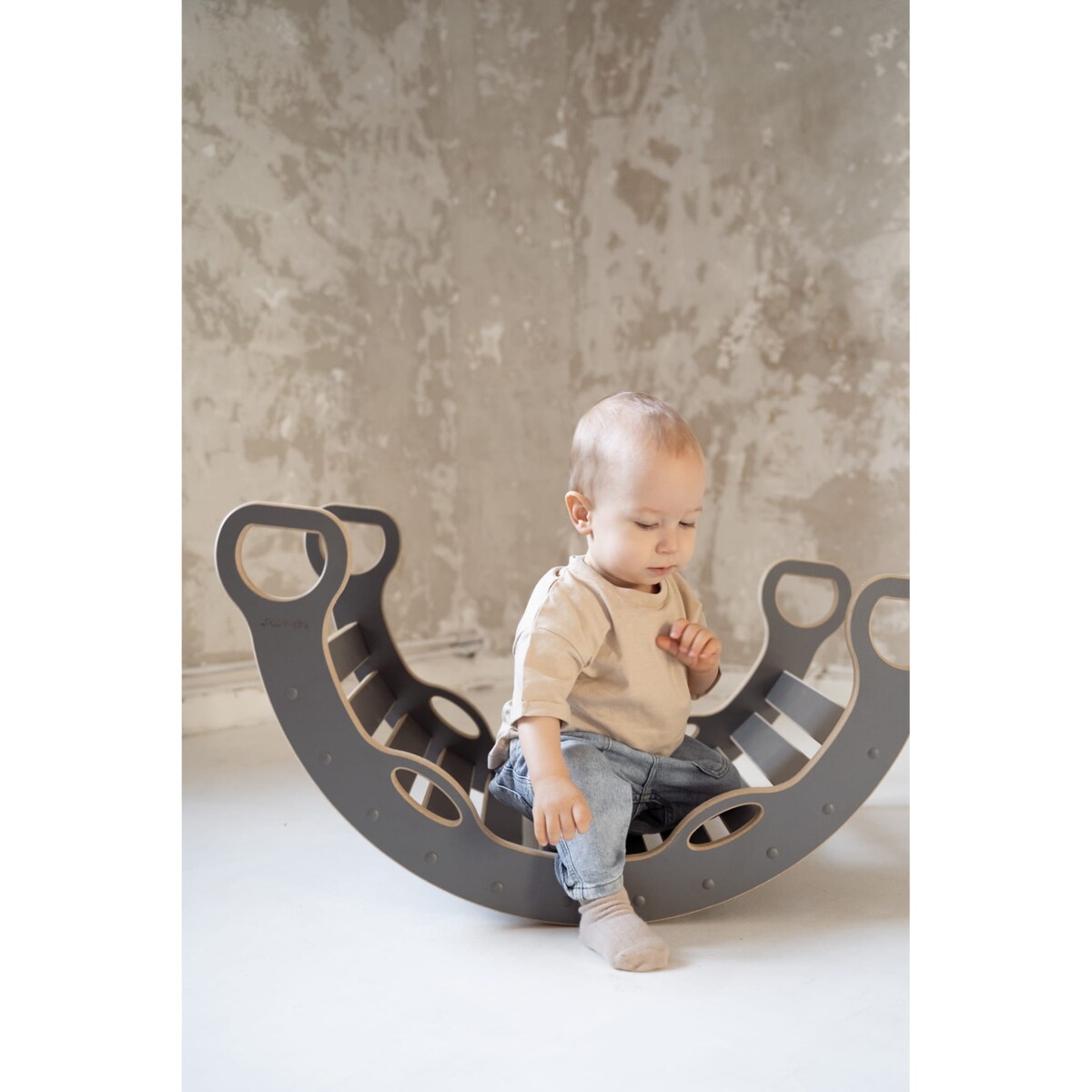 MAŁY bujak montessori z uchwytami + MAŁA zjeżdżalnia CHMURKI - szary
