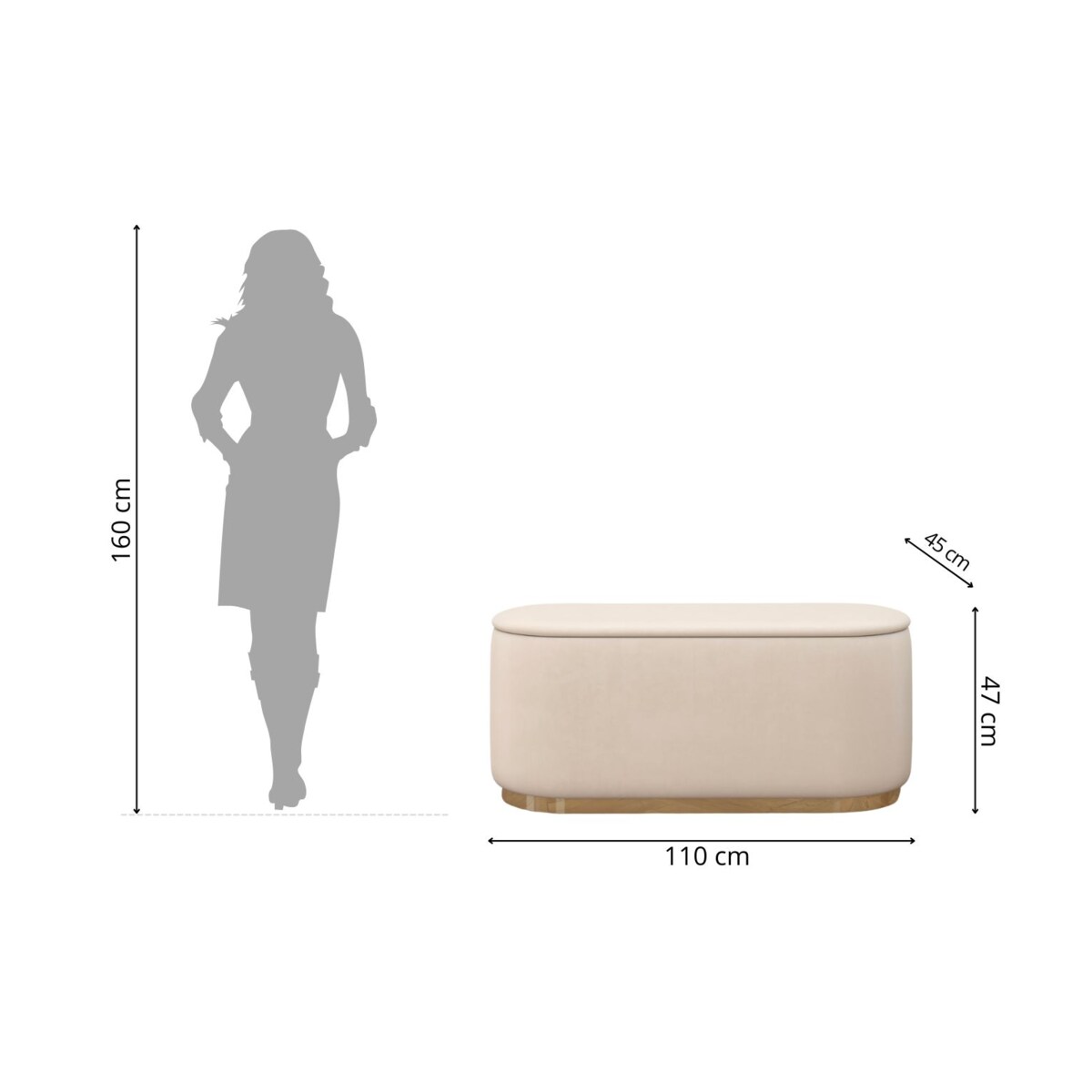 Tapicerowany owalny puf ze schowkiem Dancan SCARLETT na złotej podstawie / szer. 110 cm / beżowy