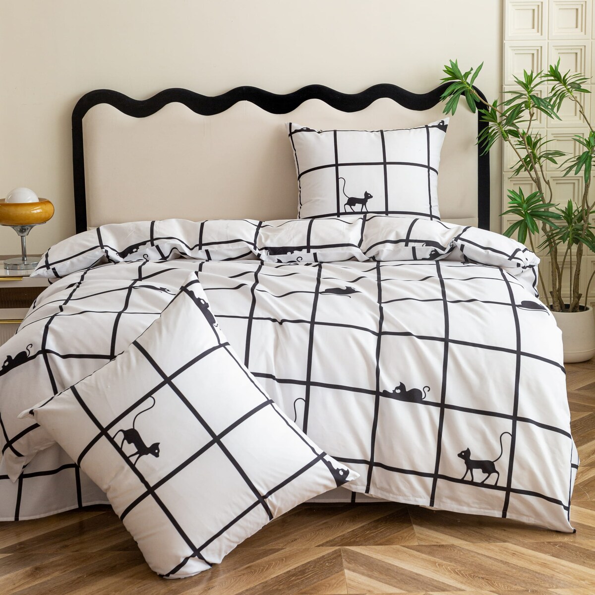 Komplet Pościeli Dwuosobowej Krata Z Kotami 220X200 Z 2 Poszewkami 70X80