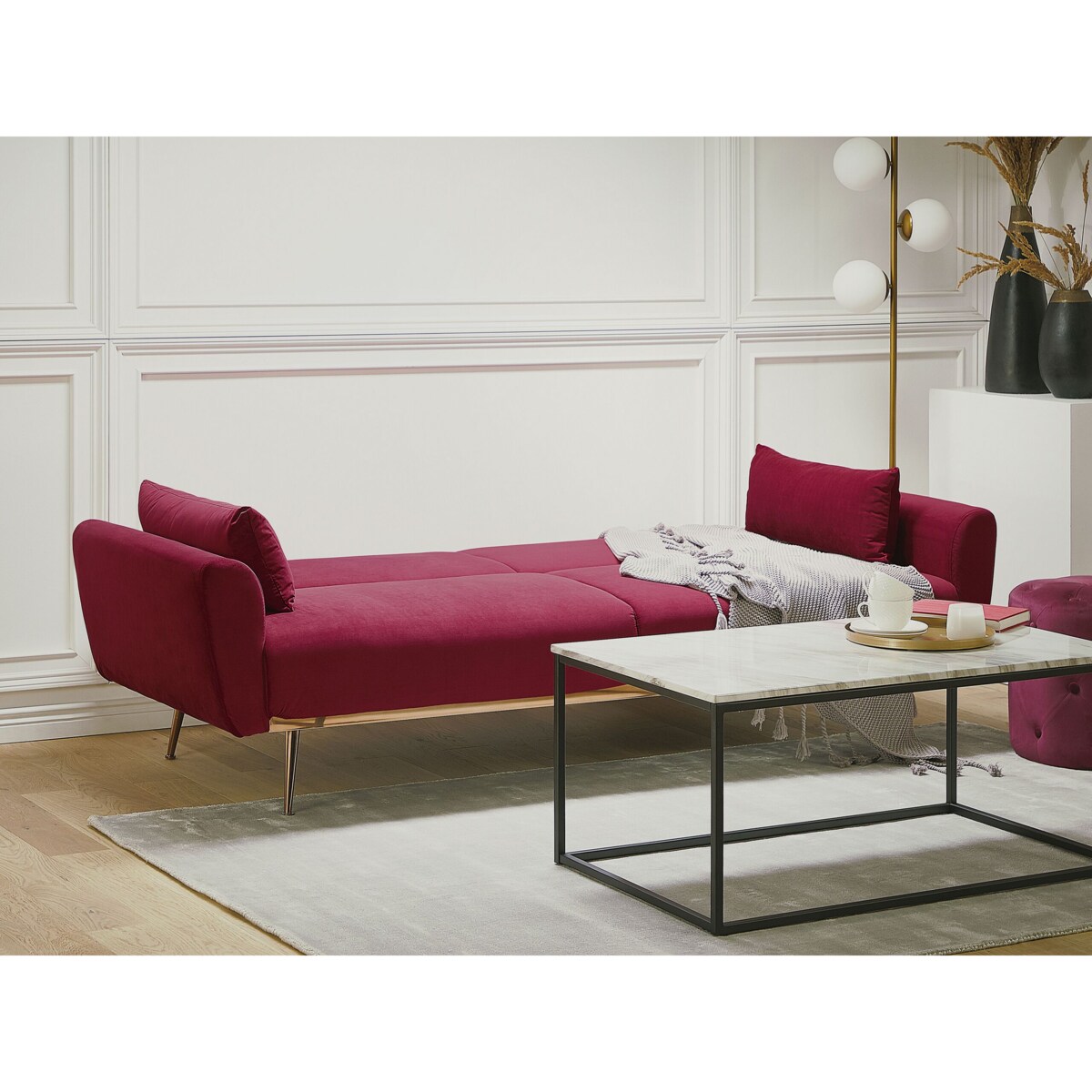 Sofa rozkładana welurowa burgundowa EINA