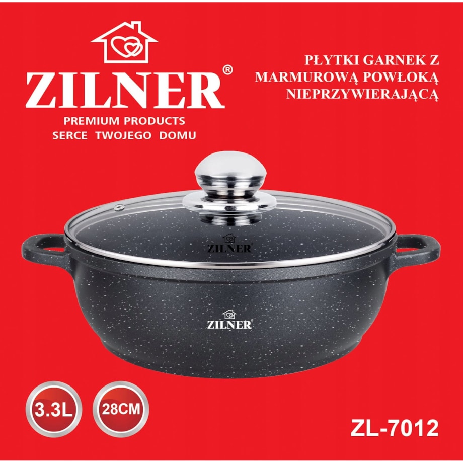 Garnek marmurkowy niski z pokrywką wok czarny 3.3L 28cm indukcja gaz ZILNER