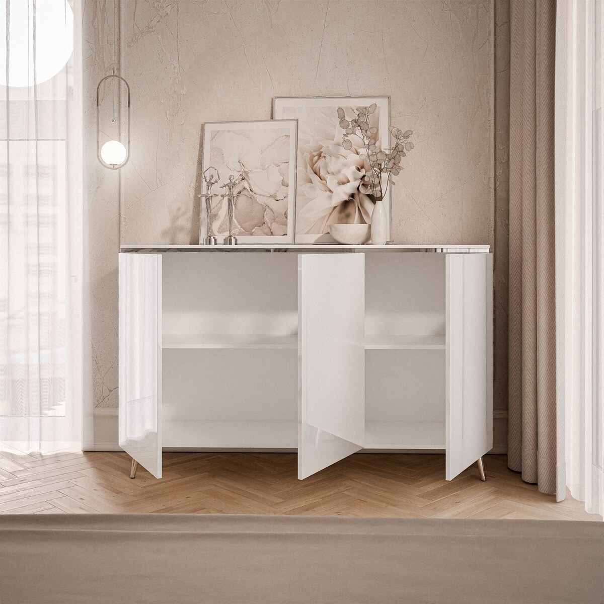 Komoda AURORA SILVER 3D biały połysk nogi skośne