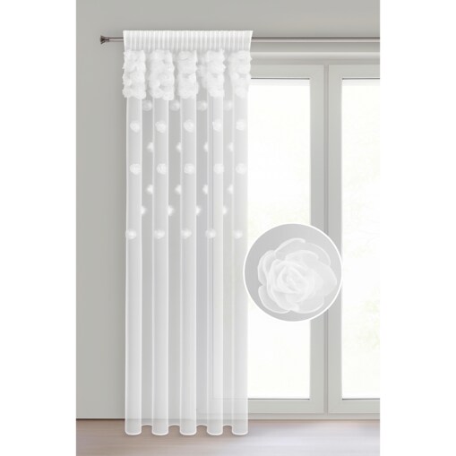 firana "french roses" z aplikacją 3d róże 140x270 taśma | biały