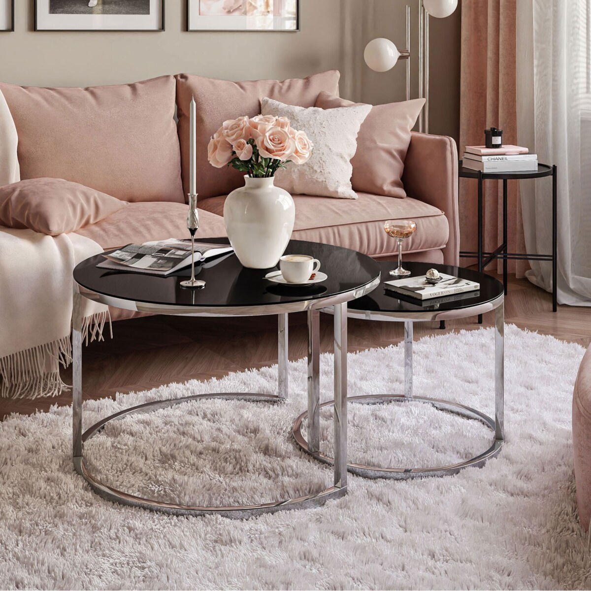 Stolik kawowy CIRI 2w1 chrom czarne szkło