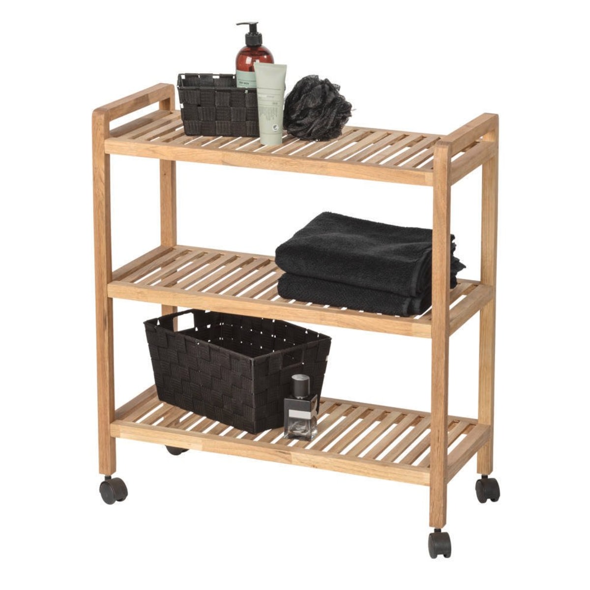 Regał łazienkowy na kółkach NORWAY z trzema półkami, drewno orzechowe, WENKO