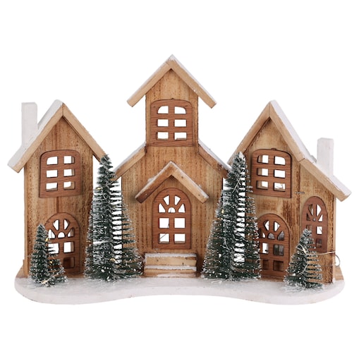 Figurka z drewna jodłowego z LED Domki, 38 x 27 cm, na baterie, kolor beżowy