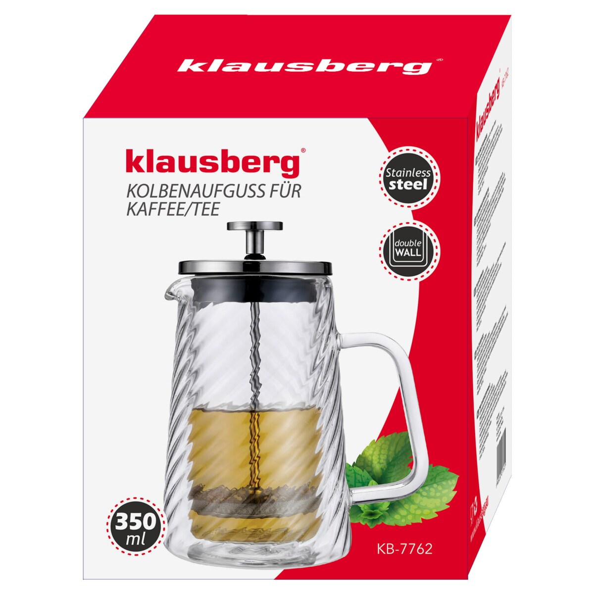 Zaparzacz do kawy herbaty szklany 350ml French Press srebrny KLAUSBERG