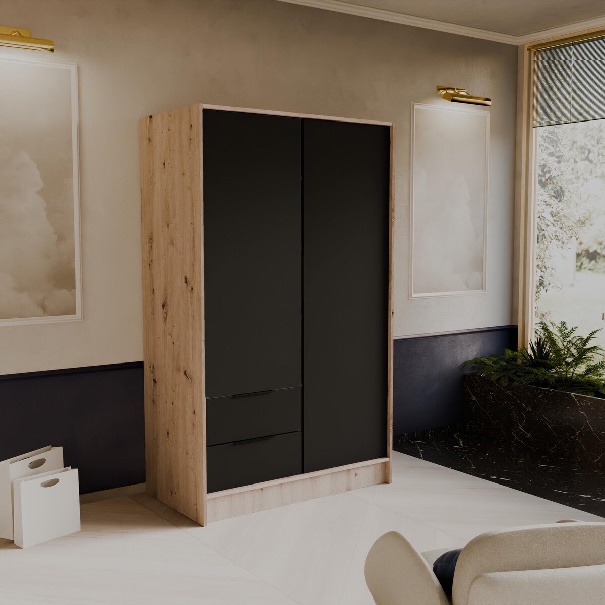 Szafa NIKOLA 103 z regulowanymi półkami do przedpokoju-sonoma+czarny front