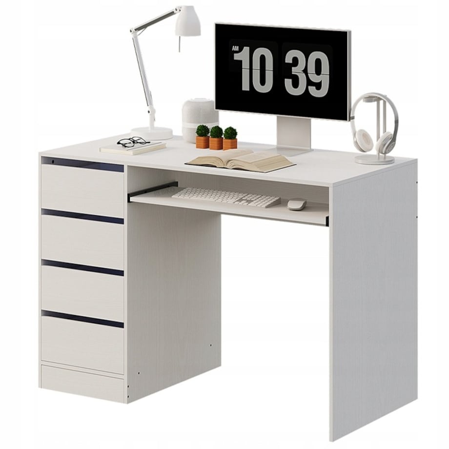 Biurko komputerowe białe 110 cm z szufladami i półką młodzieżowe