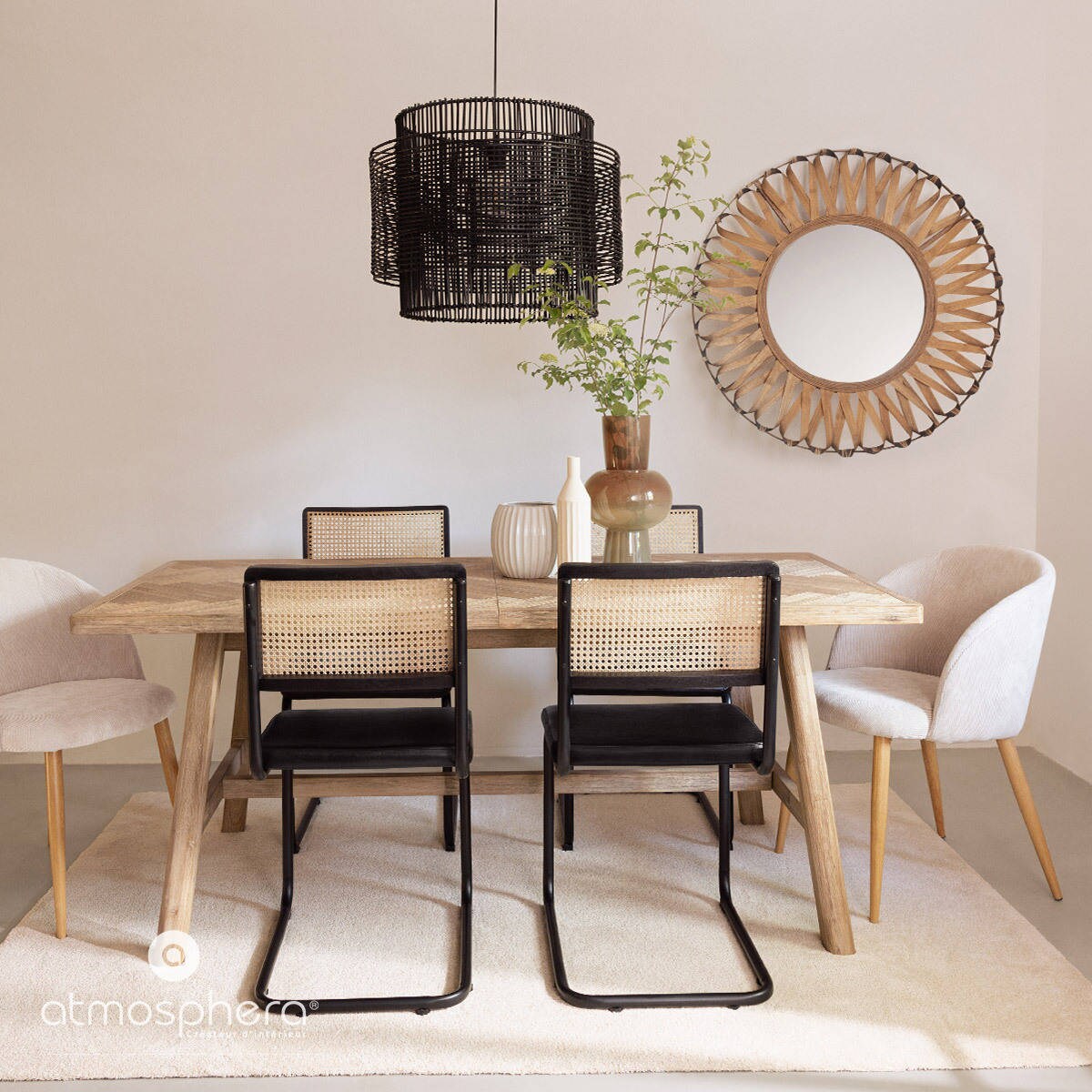 Krzesło retro KIZAR, rattanowa plecionka, skórzane siedzisko, w typie bauhaus