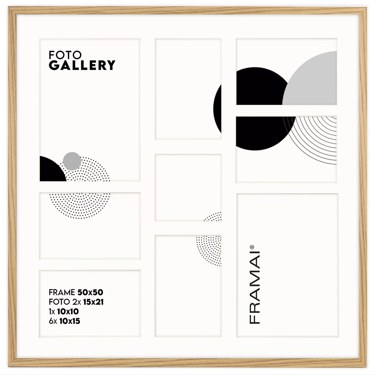 Ramka na zdjęcia 1x 10x10 6x 10x15 2x 15x21 dębowa galeria na 9 zdjęć multirama 50x50 FRAMAI