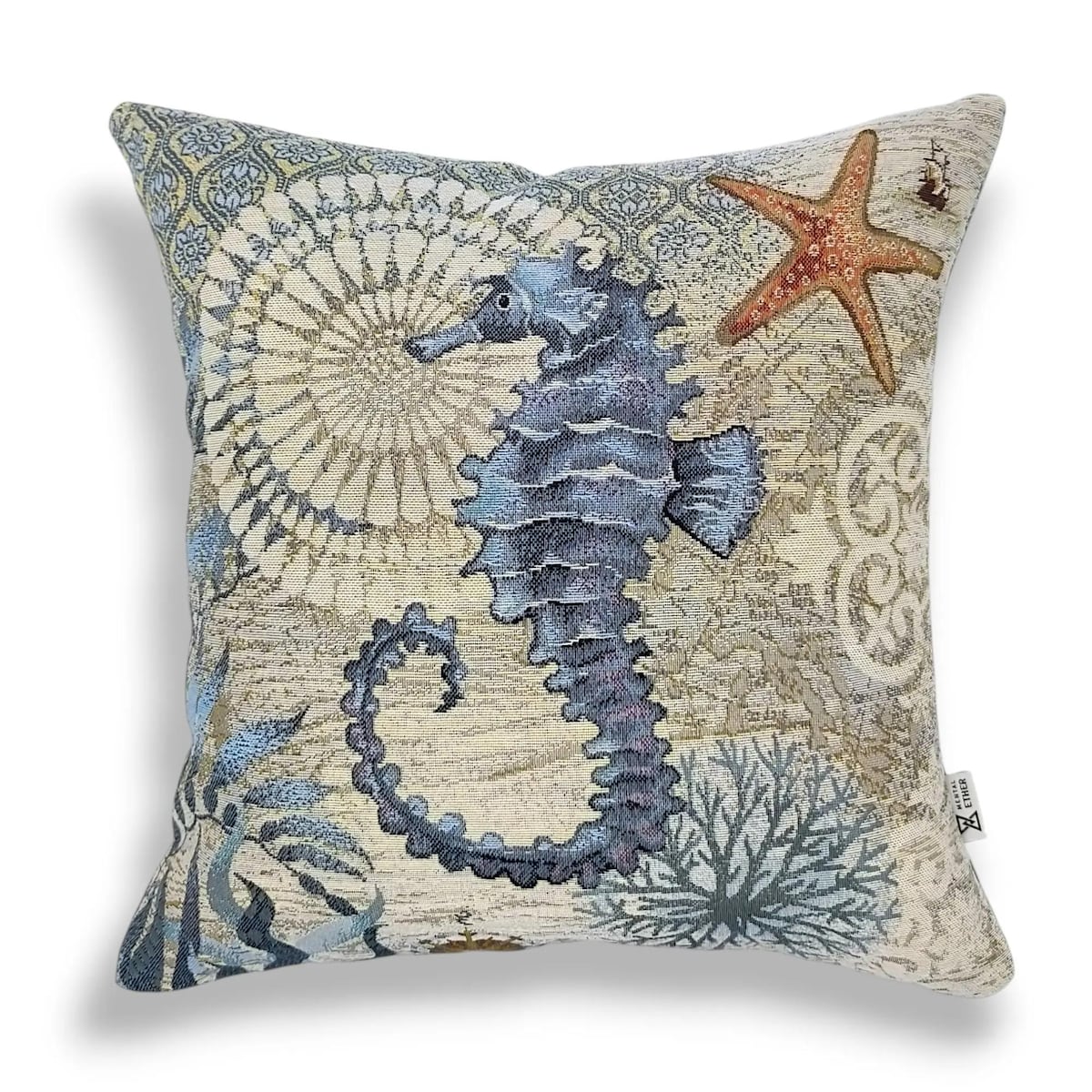 Dwustronna poduszka gobelinowa z konikiem morskim 45x45 Morskie Opowieści - beż i błękit