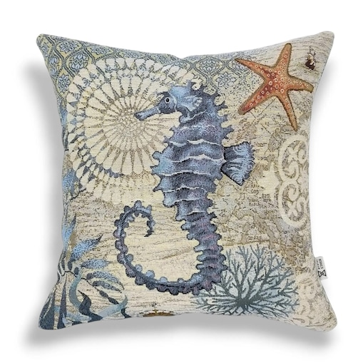 Dwustronna poduszka gobelinowa z konikiem morskim 45x45 Morskie Opowieści - beż i błękit