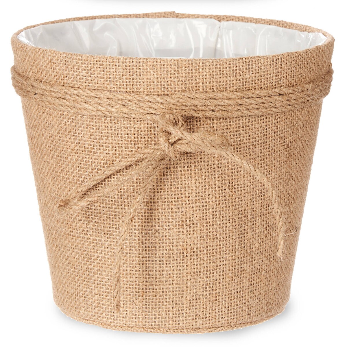 Osłonka na doniczkę pleciona z jutową kokardą, 20 x 16 cm