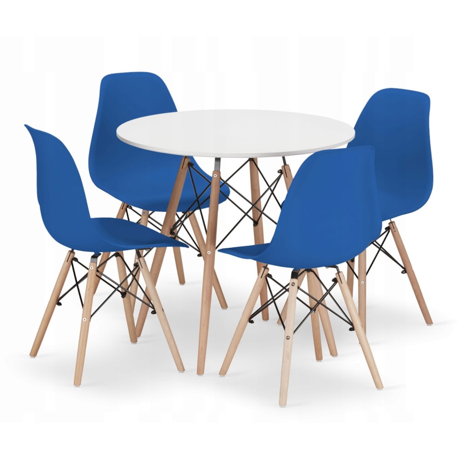 Zestaw Stół Do Jadalni Kuchni Salonu Biura Okrągły Todi 80 Cm Biały + 4 Krzesła Osaka Niebieskie