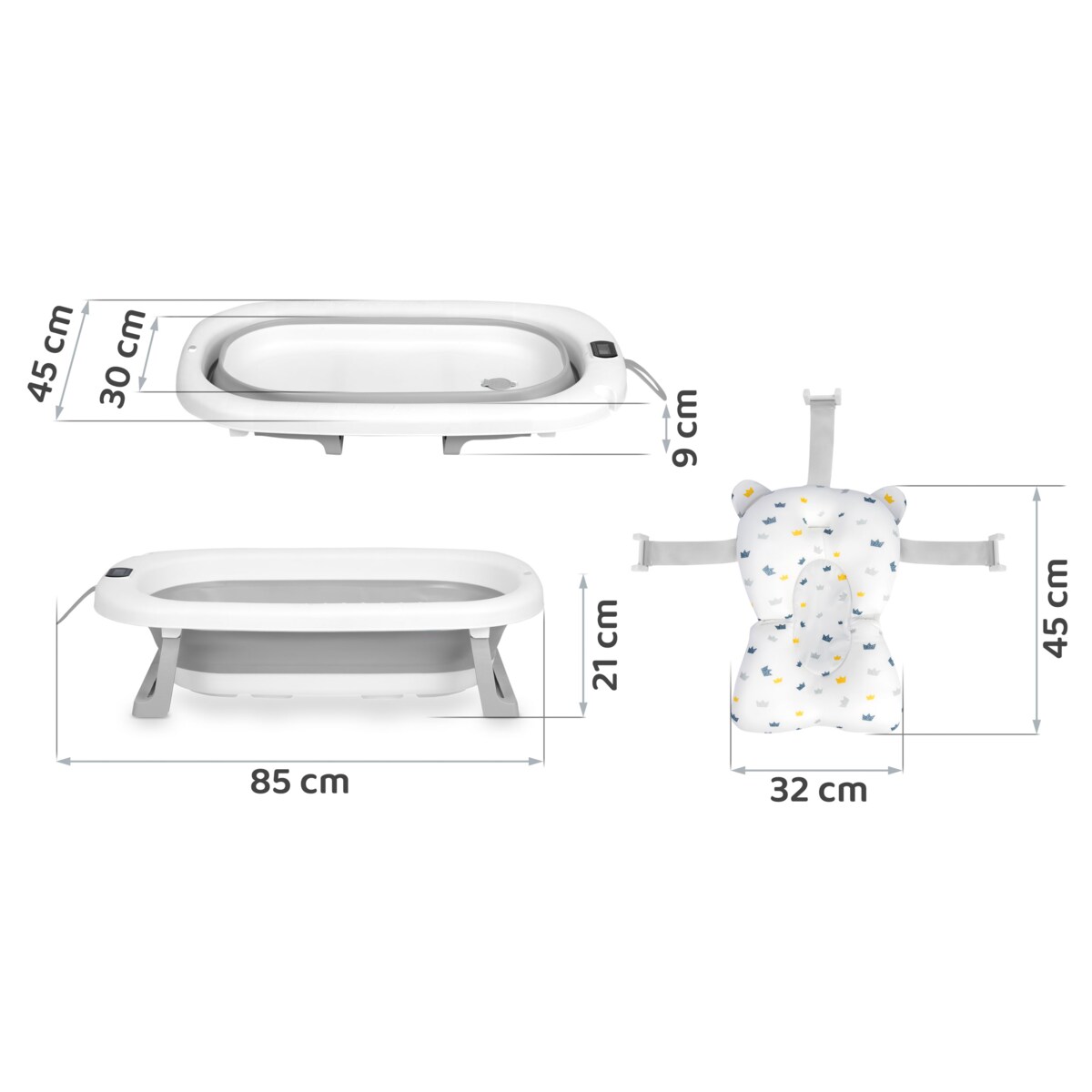 Wanienka składana dla dziecka niemowląt Ricokids silikonowa termometr LCD biało-szara