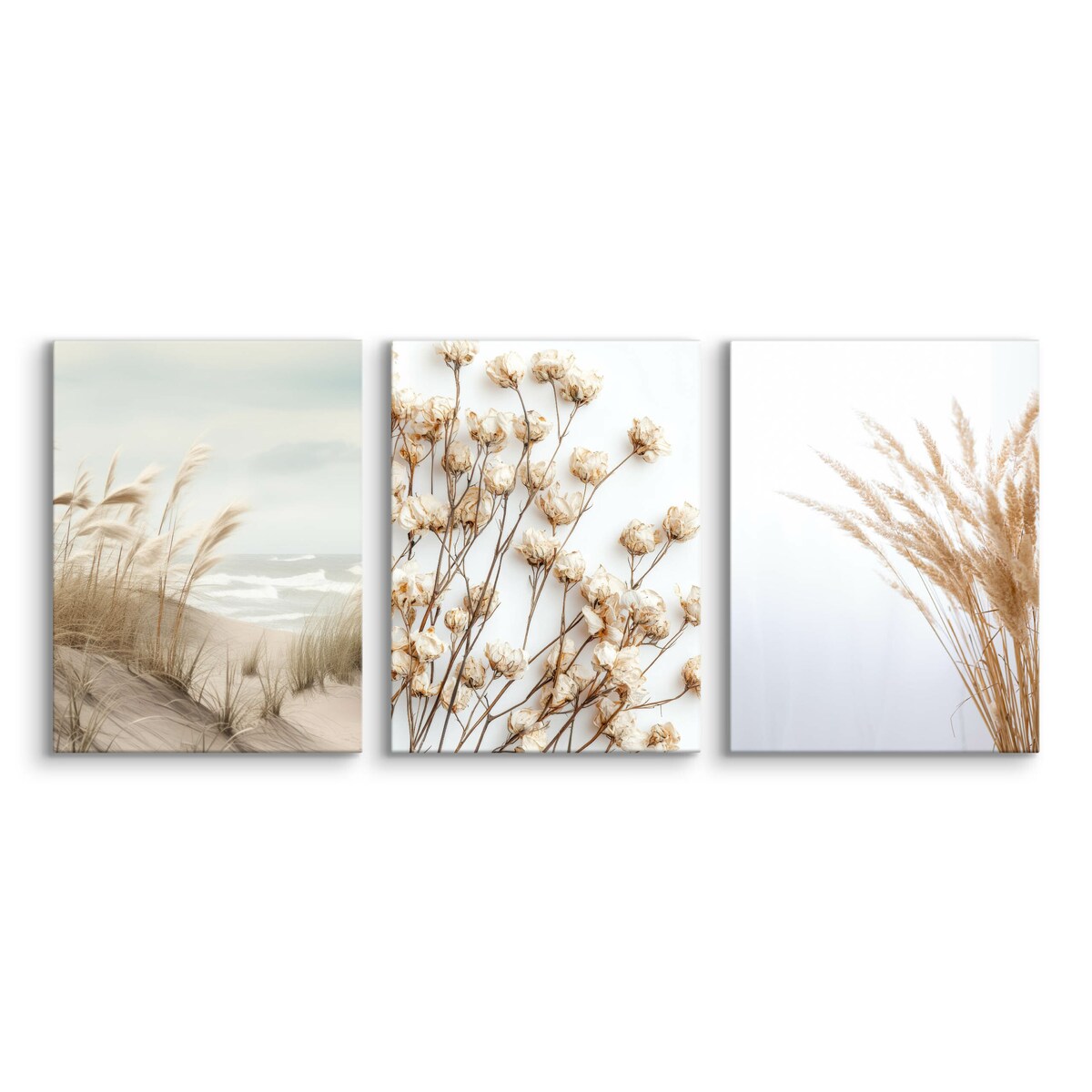 3x Obraz Na Płótnie Do Salonu Set Plaża Morze Trawa Pampasowa Kwiaty 30x40cm