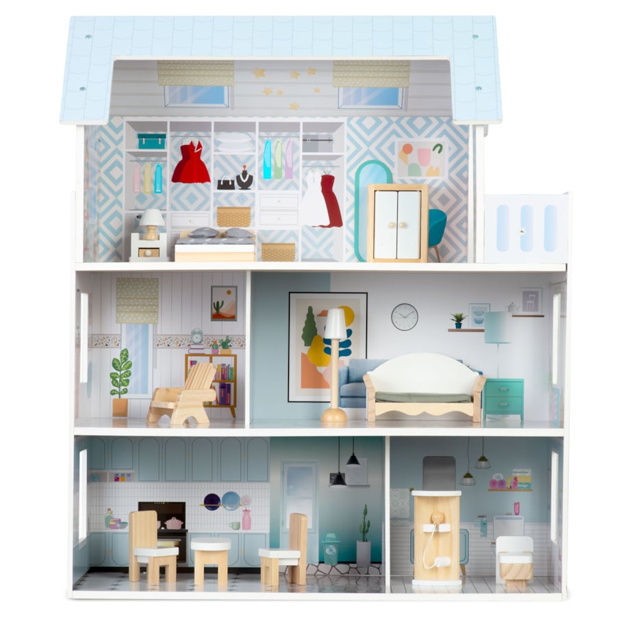 Duży drewniany domek dla lalek niebieski akcesoria Ricokids