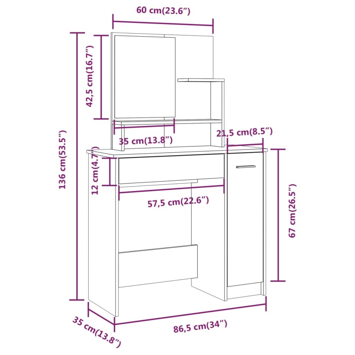 vidaXL Toaletka z lustrem, biała, 86,5x35x136 cm