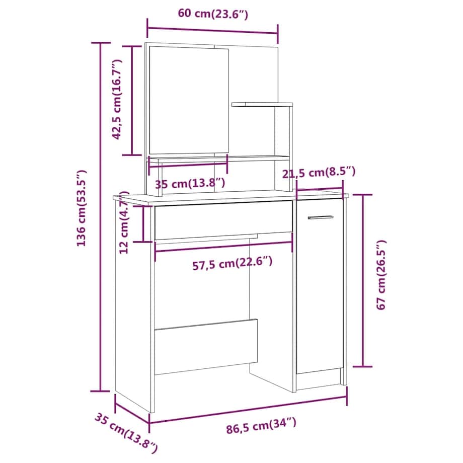 vidaXL Toaletka z lustrem, biała, 86,5x35x136 cm