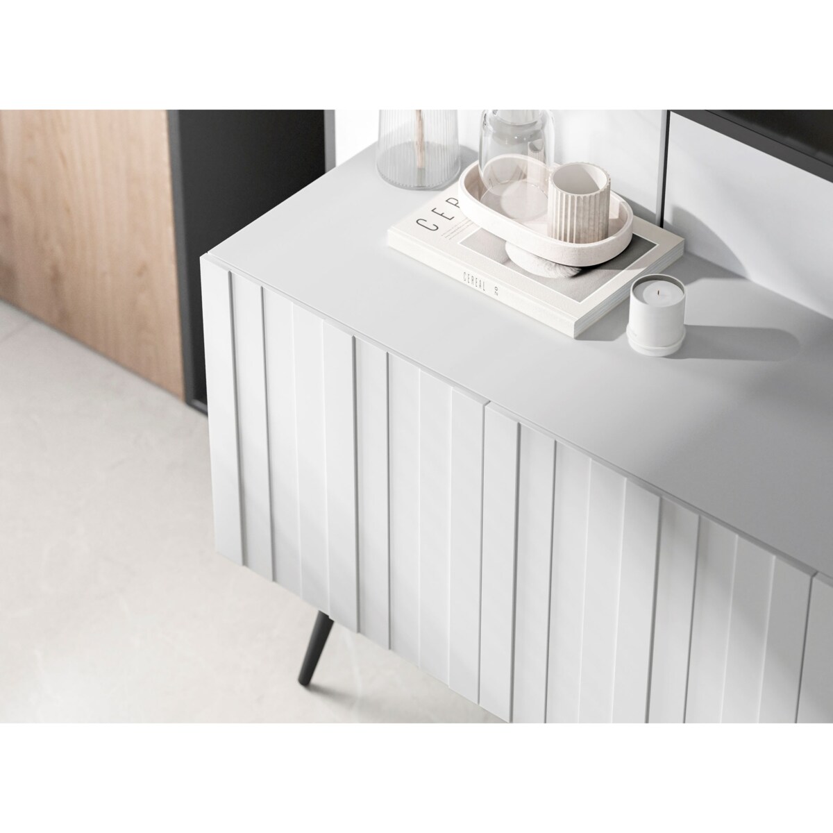 Komoda RTV Industrialna Szafka RTV Loft Biały Mat Glamour Ryflowane Fronty 112 cm Rama