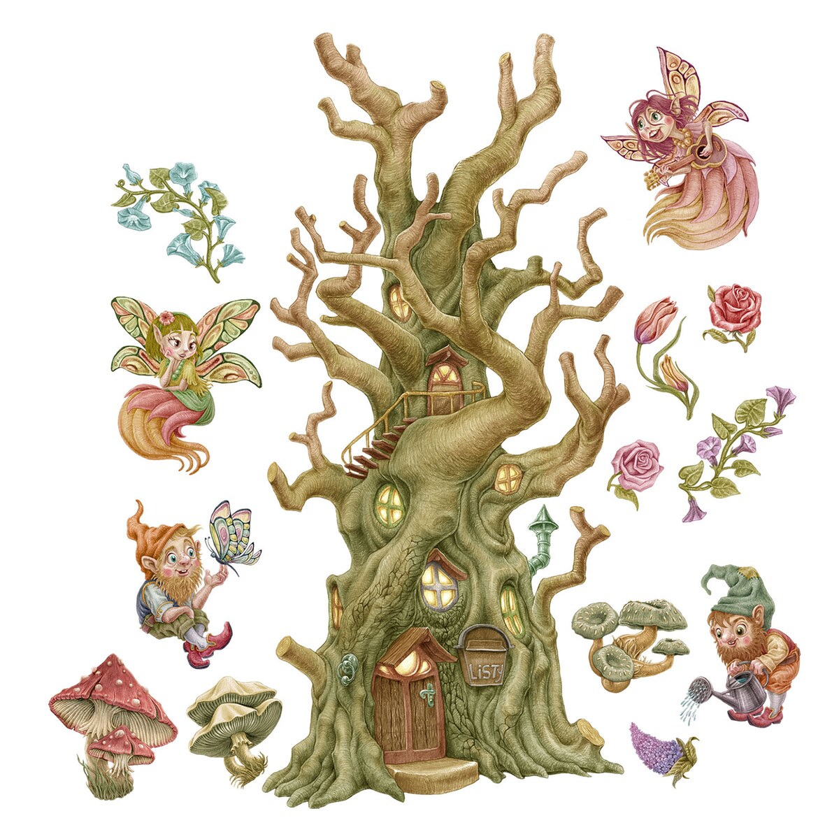 Zestaw naklejek na ścianę, Wróżki krasnale i domek, 130cm