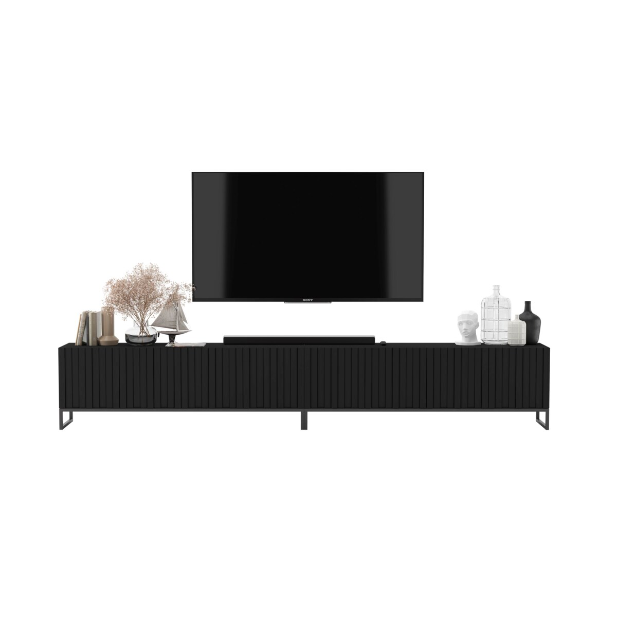 Komoda RTV Loft Nowoczesna Szafka RTV Czarny Mat Glamour Ryflowane Fronty 300 cm