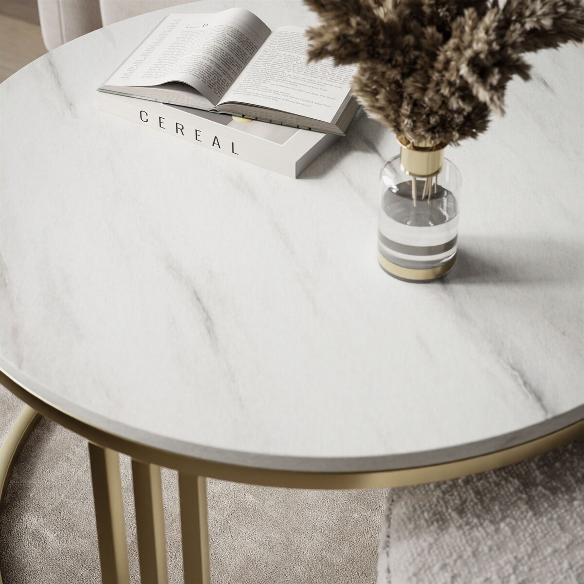 Stolik kawowy z pufą LORI MAT złoto szczotkowane,Marmur Levanto / Coral 65