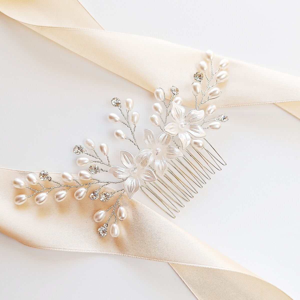 Grzebyk ślubny srebrny z kwiatami PERŁAMI cyrkoniami włosy