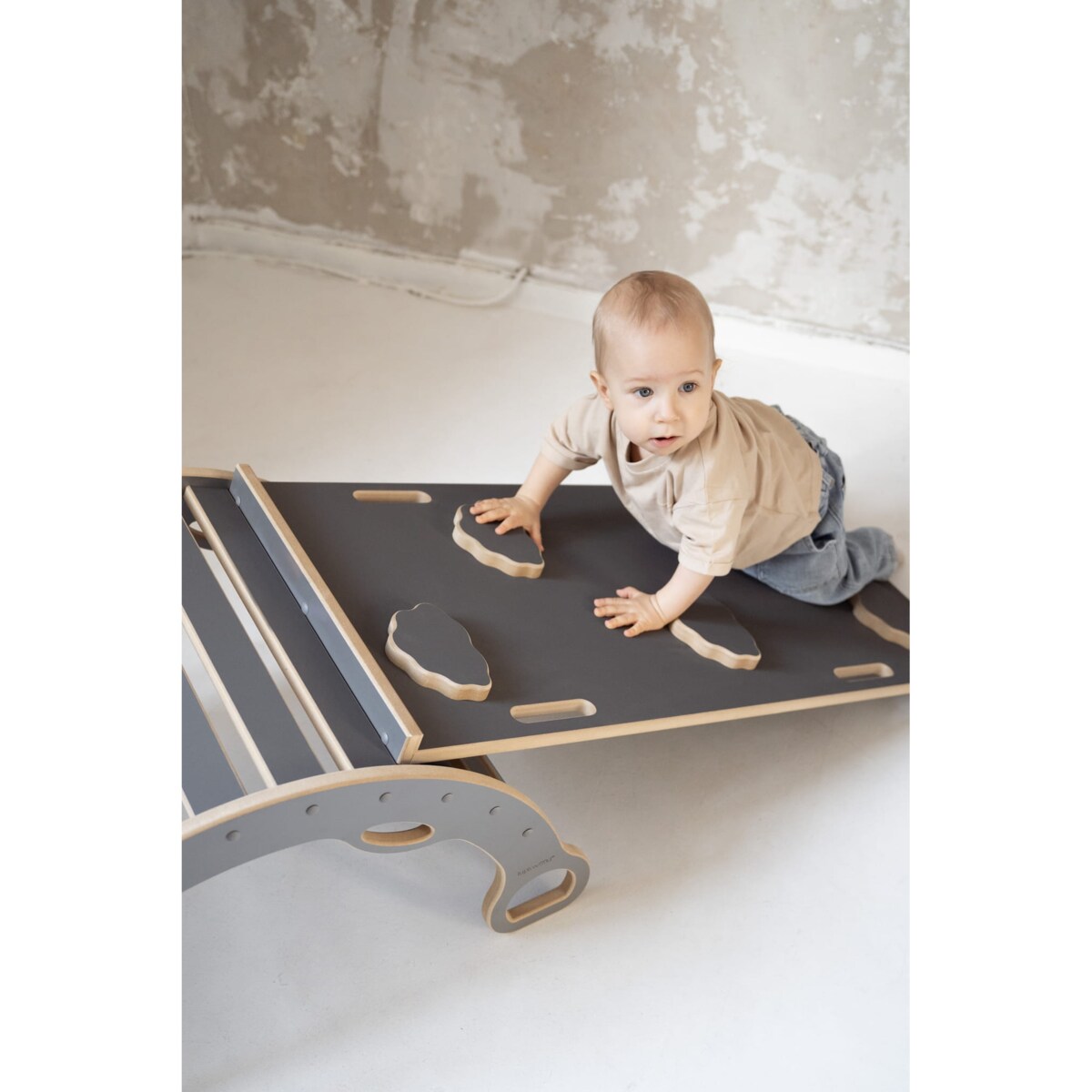 MAŁY bujak montessori z uchwytami + MAŁA zjeżdżalnia CHMURKI - szary