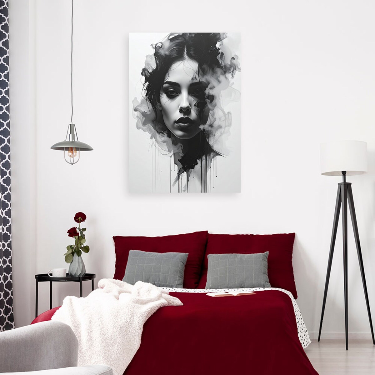 Nowoczesny obraz do salonu sypialni, Abstrakcja Kobieta portret czarno biały z efektem dymu 80x120 cm