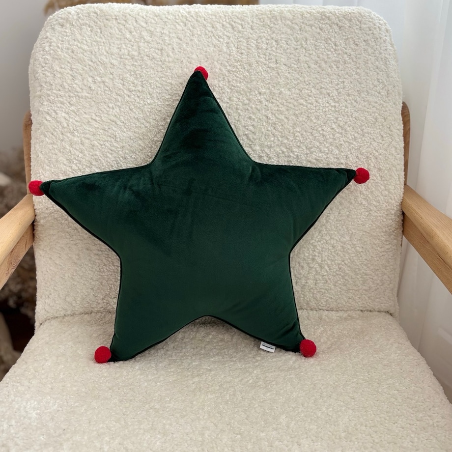 Poduszka Gwiazda z pomponami velvet zielony