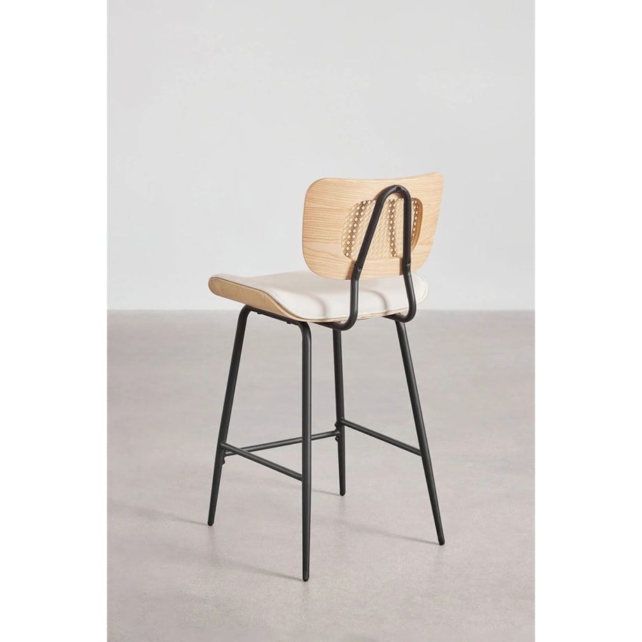 Krzesło barowe z drewna, rattanu i ekoskóry Raysa naturalne