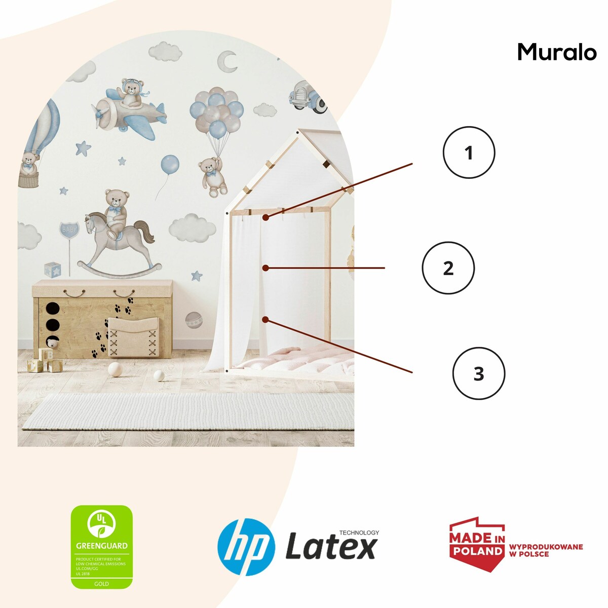 Naklejki Na Ścianę Dla Dzieci Misie Balony Chmurki Koń Na Biegunach Zestaw 120x60cm