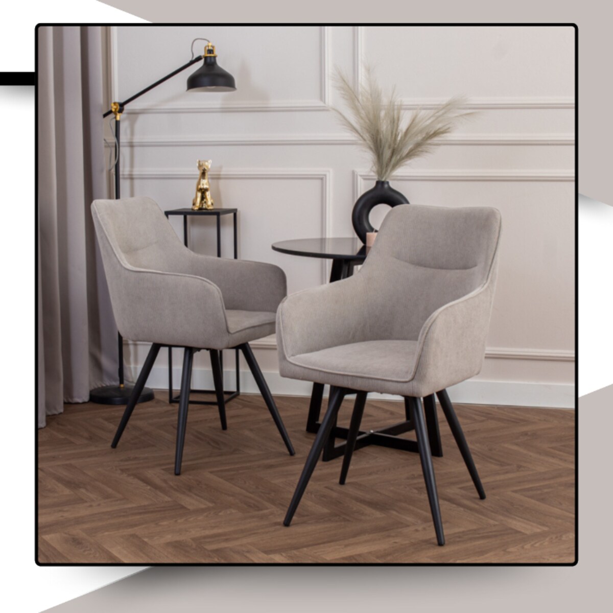 Krzesło obrotowe szare 360 stopni z czarnymi nogami sztruks