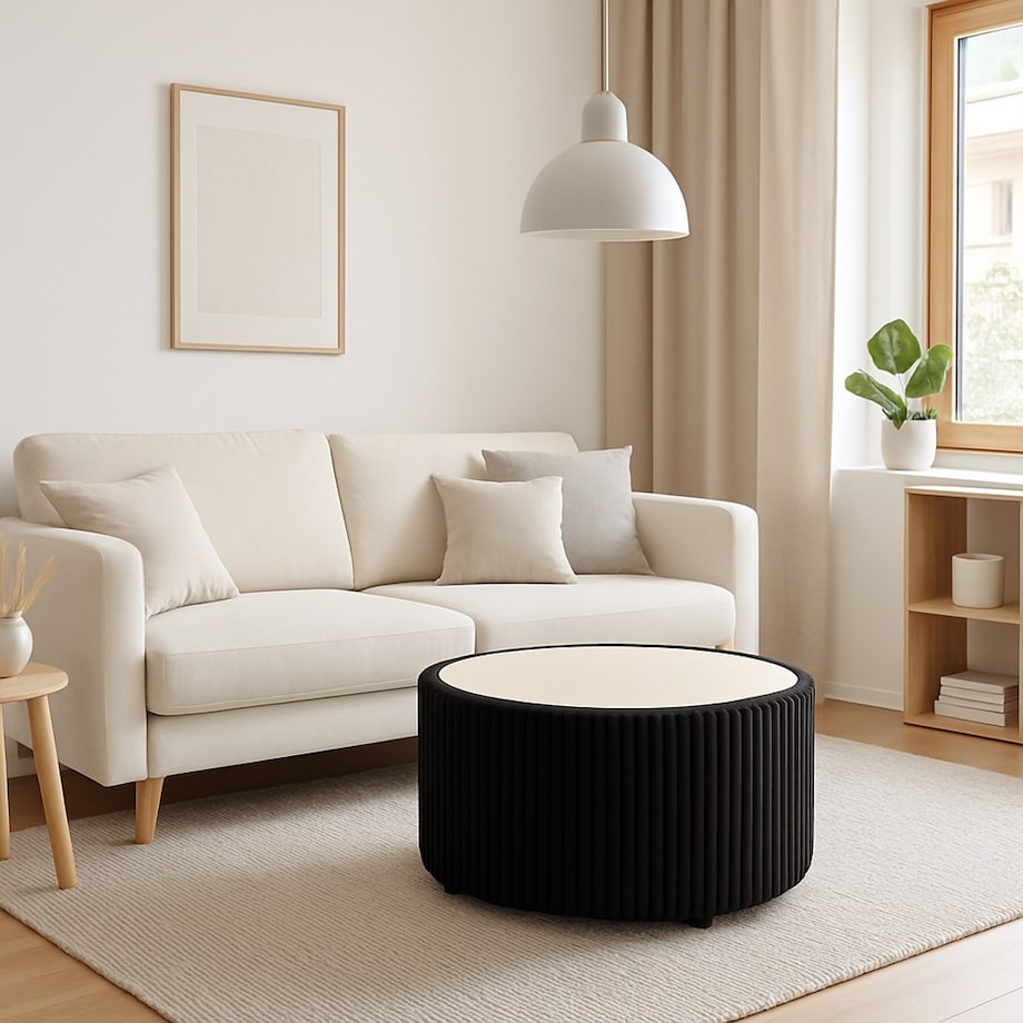 Stolik okrągły kawowy tapicerowany MIJA w tkaninie Tilia, czarny