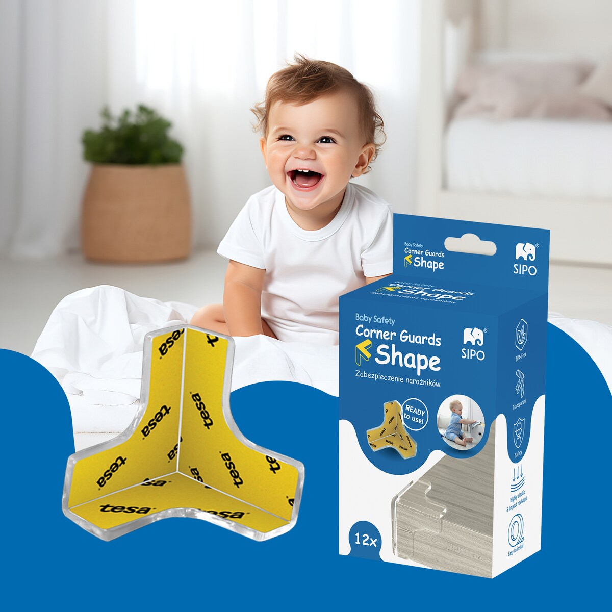 silikonowe narożniki zabezpieczające meble, sipo, zestaw 12 sztuk, transparentne, kształt litery T