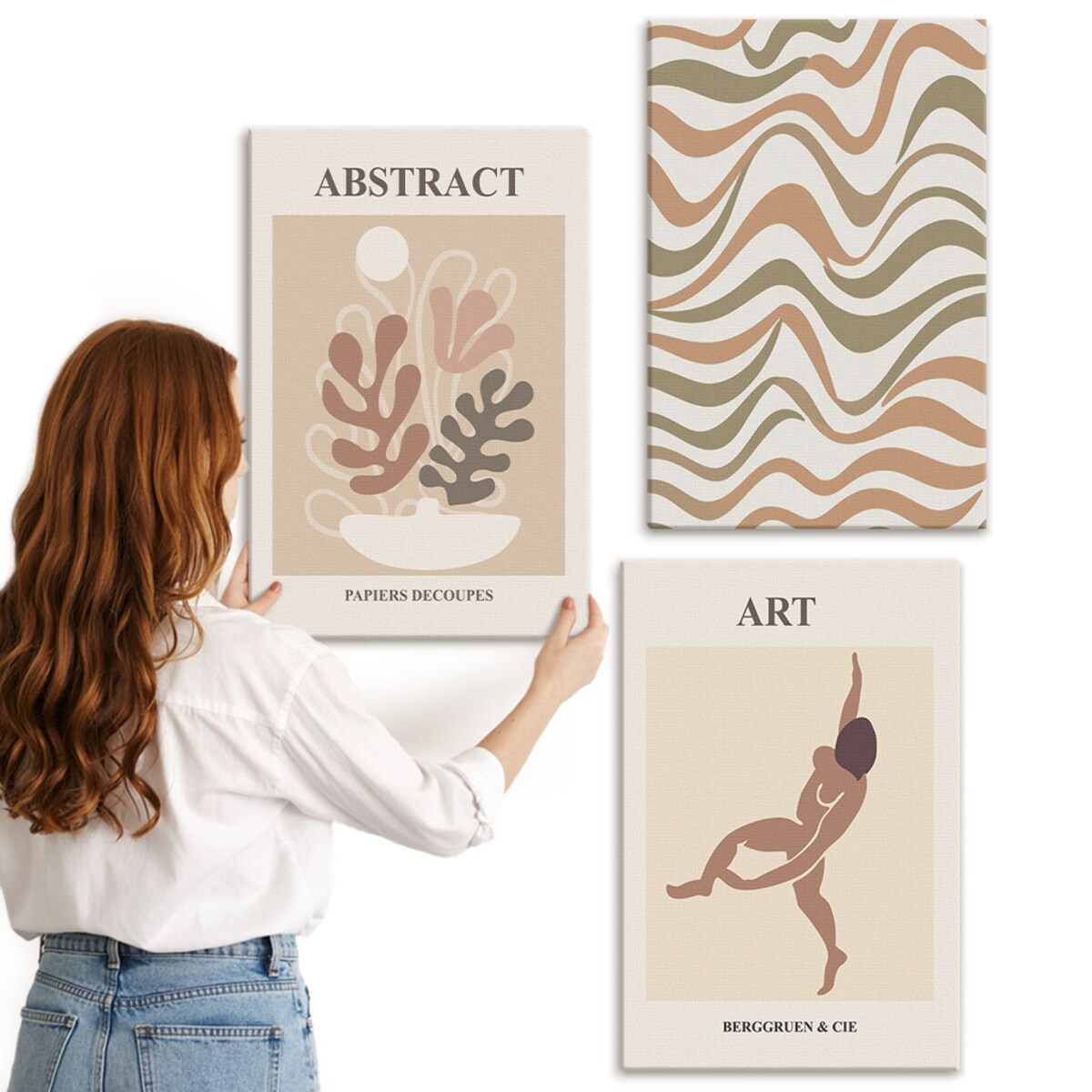 Zestaw 3 dużych obrazów na płótnie - Abstrakcyjne wzory Matisse boho - beżowy